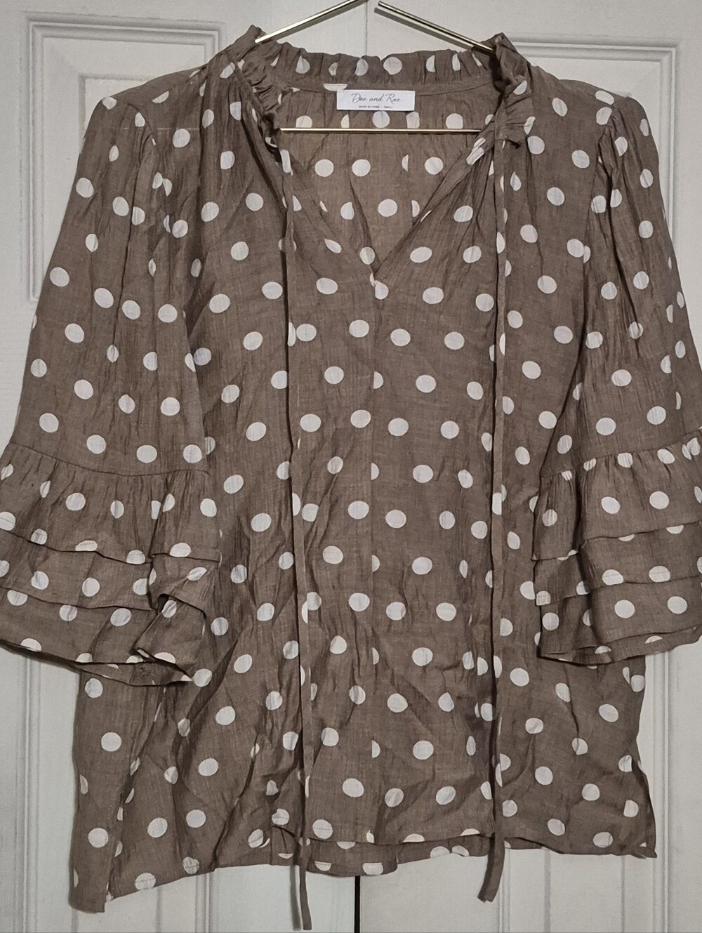 Doe & Rae Taupe Polka Dot Ruffle Sleeve Blouse